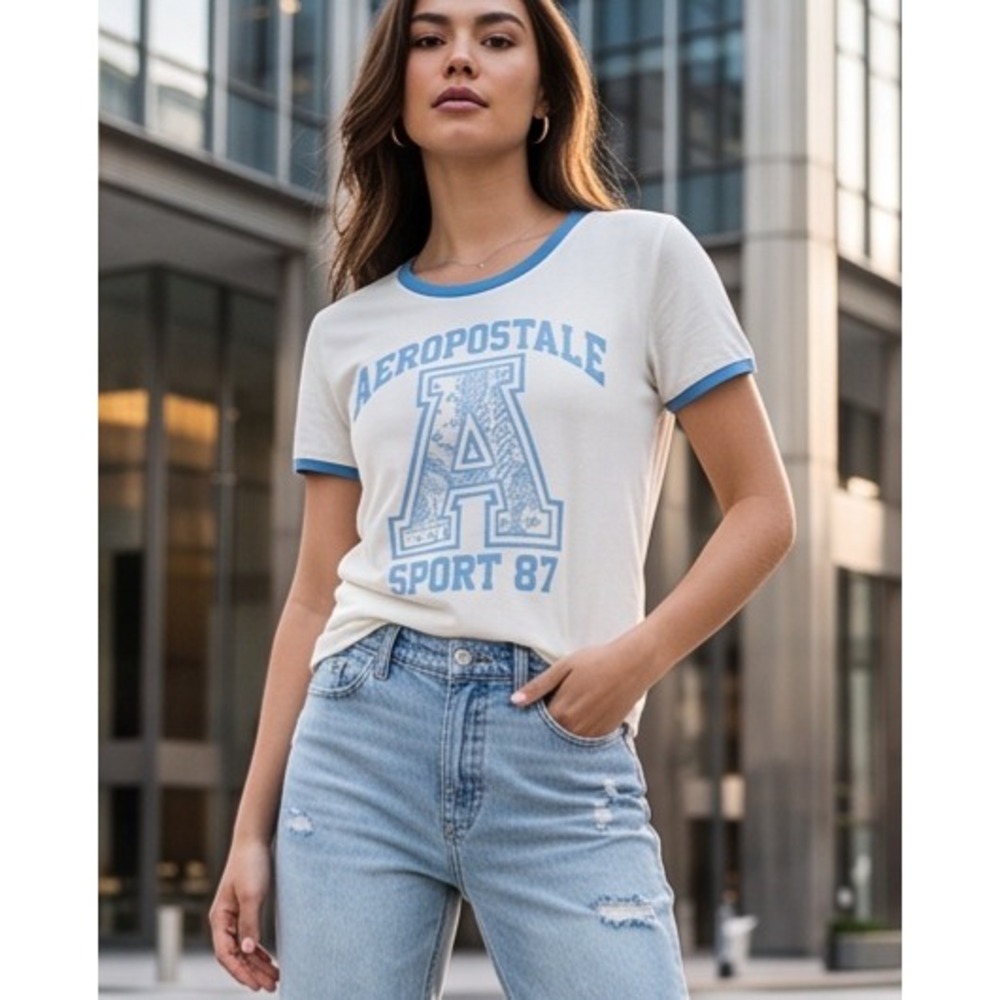 Aeropostale Sport L 87 Ringer T-Shirt Cream & Blue Tee Large WX51033-101-ALA NWT